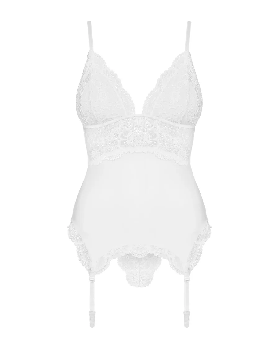 Сатиновый кружевной корсет Obsessive 810-COR-2 babydoll & thong L/XL, белый, корсет, танга