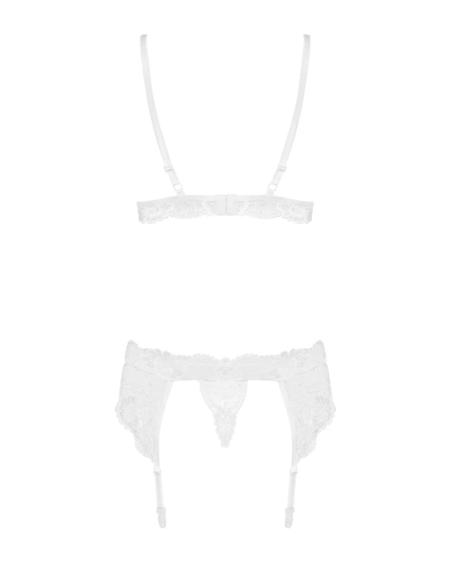 Мереживний комплект білизни Obsessive 810-SEG-2 S/M White, бюстгальтер, стрінги, пояс для панчіх