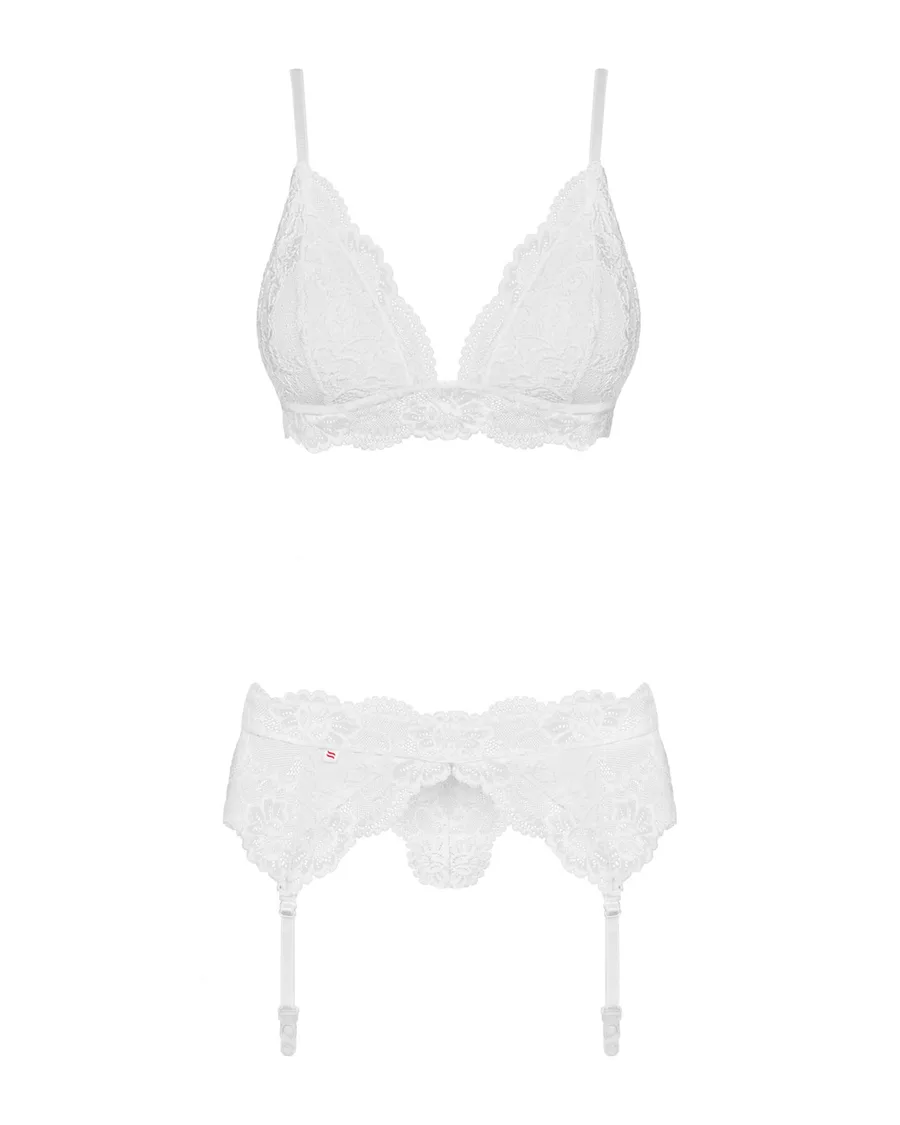 Мереживний комплект білизни Obsessive 810-SEG-2 S/M White, бюстгальтер, стрінги, пояс для панчіх