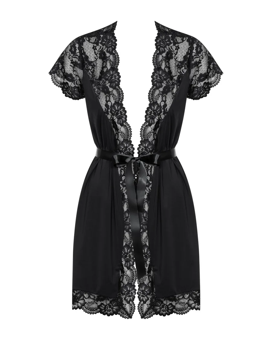 Сатиновый открытый пеньюар на поясе Obsessive 810-PEI–1 peignoir black S/M, черный
