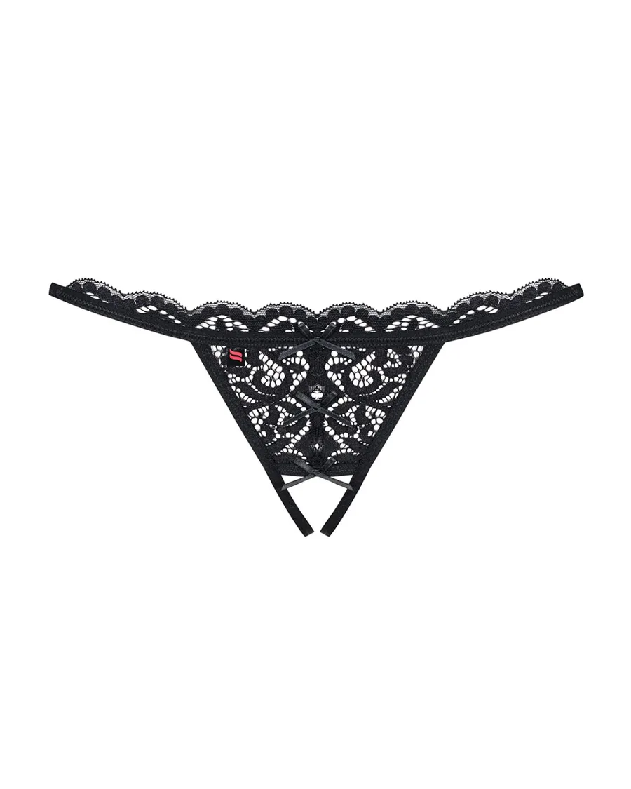 Кружевные танга с двумя отверстиями Obsessive 831-THC-1 crotchless thong L/XL, черные, бантики
