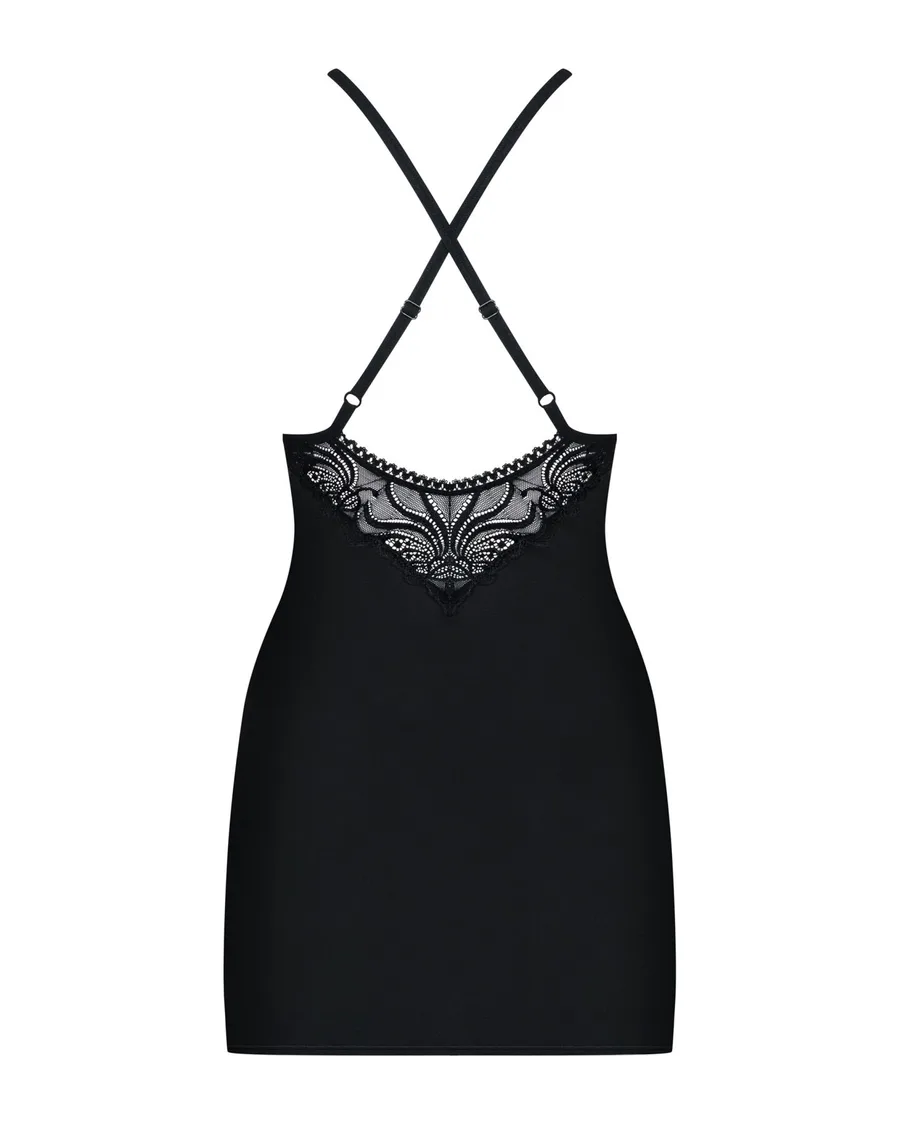 Сатиновый комплект для сна с кружевом Obsessive 828-CHE-1 chemise & thong L/XL, черный, сорочка