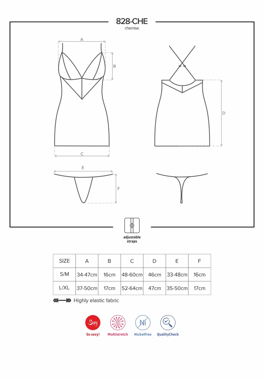 Сатиновый комплект для сна с кружевом Obsessive 828-CHE-1 chemise & thong L/XL, черный, сорочка