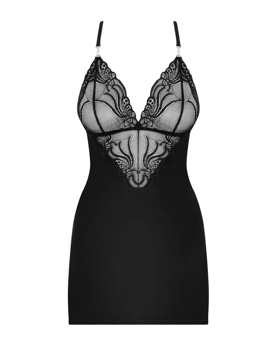 Сатиновий комплект для сну з мереживом Obsessive 828-CHE-1 chemise & thong S/M, чорний, сорочка, стр