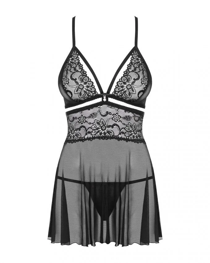 Эротический кружевной комплект с сеточкой Obsessive 838-BAB-1 babydoll & thong black XXL, черный, пе