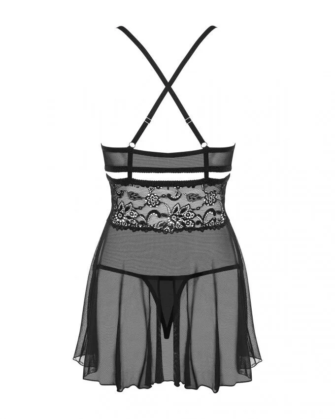 Еротичний мереживний комплект із сіточкою Obsessive 838-BAB-1babydoll & thong black S/M