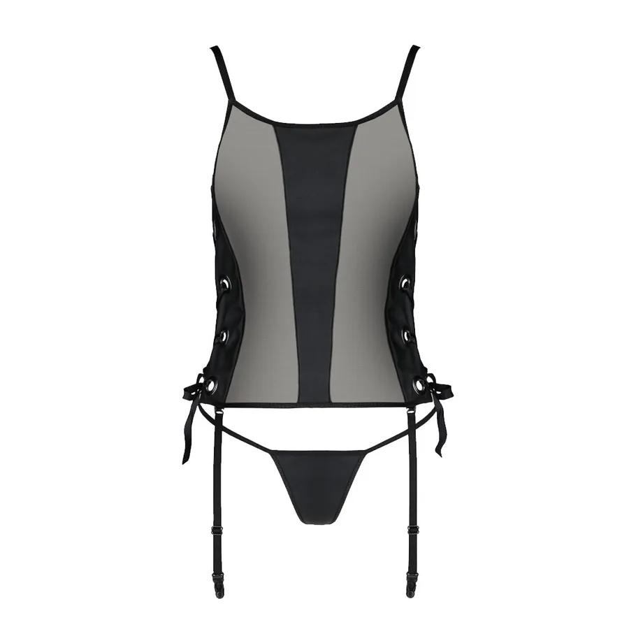 Сітчастий корсет з екошкіри Passion MALWIA CORSET 6XL/7XL black, з люверсами та знімними пажами