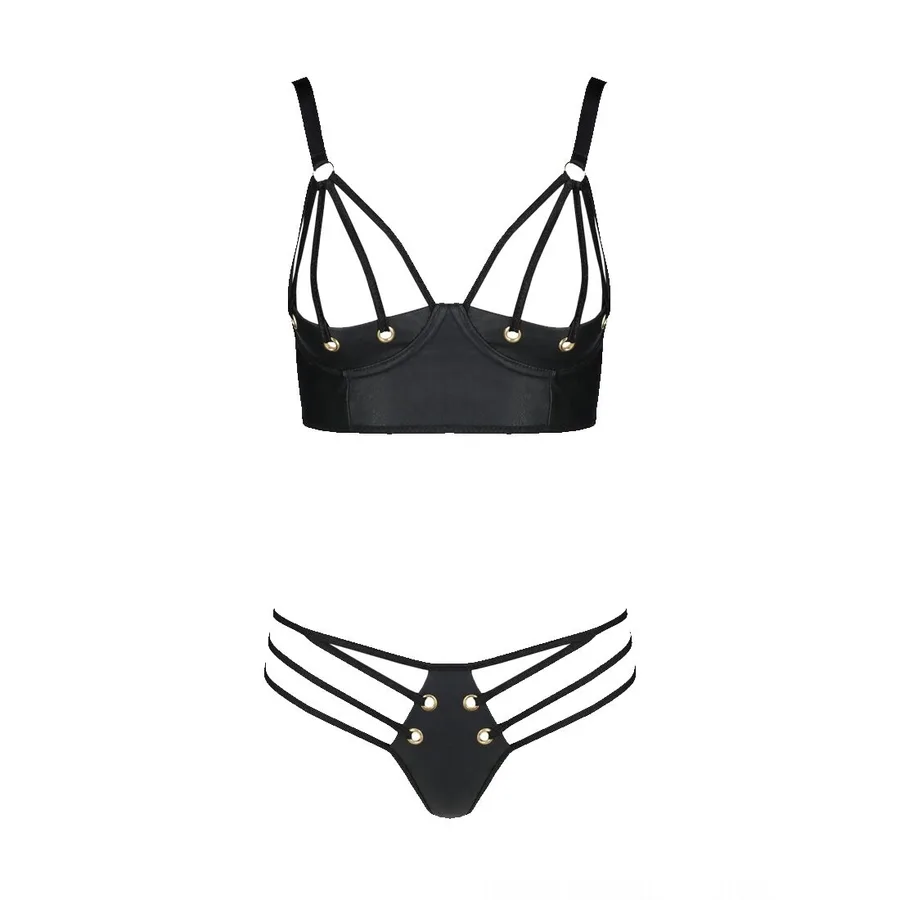 Комплект из экокожи Passion MALWIA BIKINI 6XL/7XL black, с люверсами и ремешками, бра, трусики