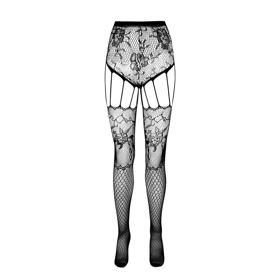 Эротические колготки-бодистокинг Passion ECO S004 black, закрытые трусики, декор, подвязки