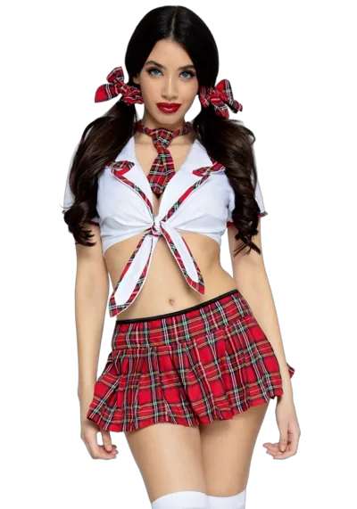 Костюм школярки Leg Avenue Miss Prep School XS, топ, спідниця, краватка, бантики