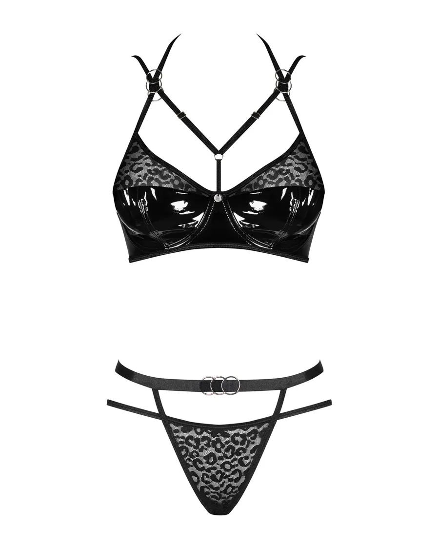 Эротический комплект под латекс со стрепами Obsessive Bagirela 2-pcs set S/M, черный, под леопард, б