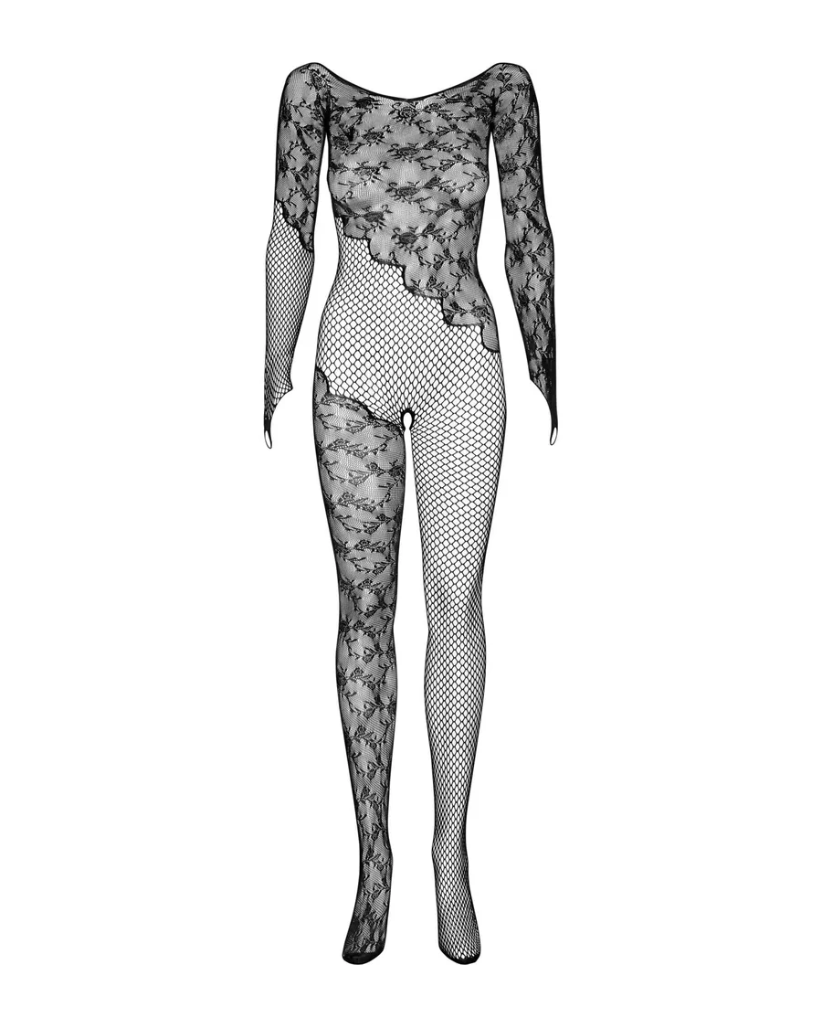 Бодистокинг Obsessive Bodystocking F210 S/M/L black, рукава-митенки, сетка, цветное кружево