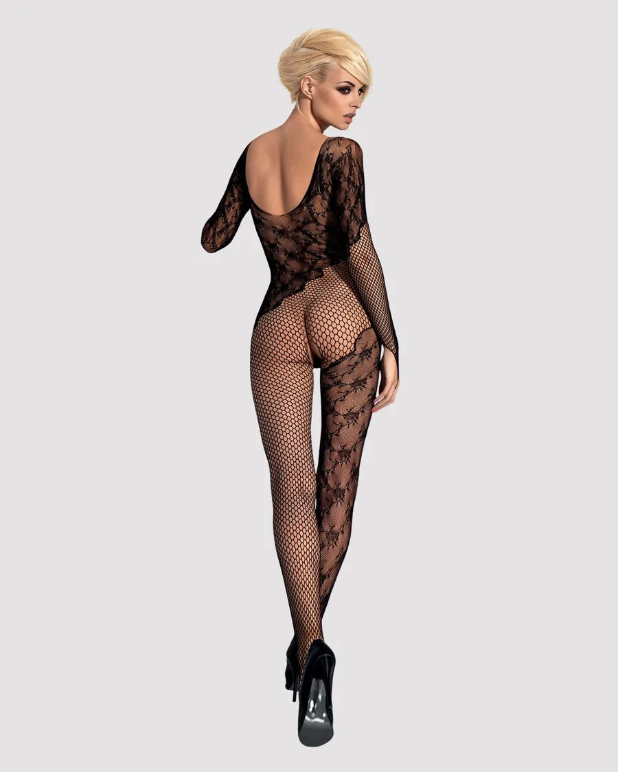 Бодистокинг Obsessive Bodystocking F210 S/M/L black, рукава-митенки, сетка, цветное кружево
