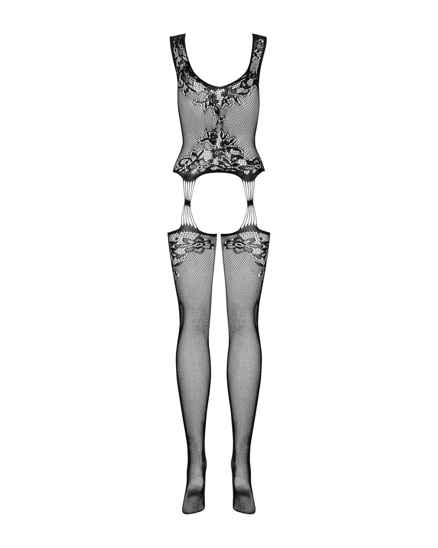 Бодистокинг Obsessive Bodystocking F221 XL/XXL, силуэтный цветочный рисунок, имитация чулок