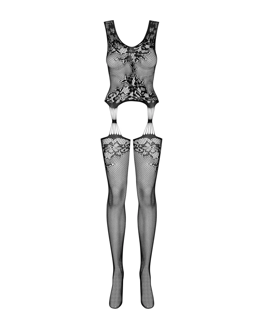 Бодистокинг Obsessive Bodystocking F221 XL/XXL, силуэтный цветочный рисунок, имитация чулок