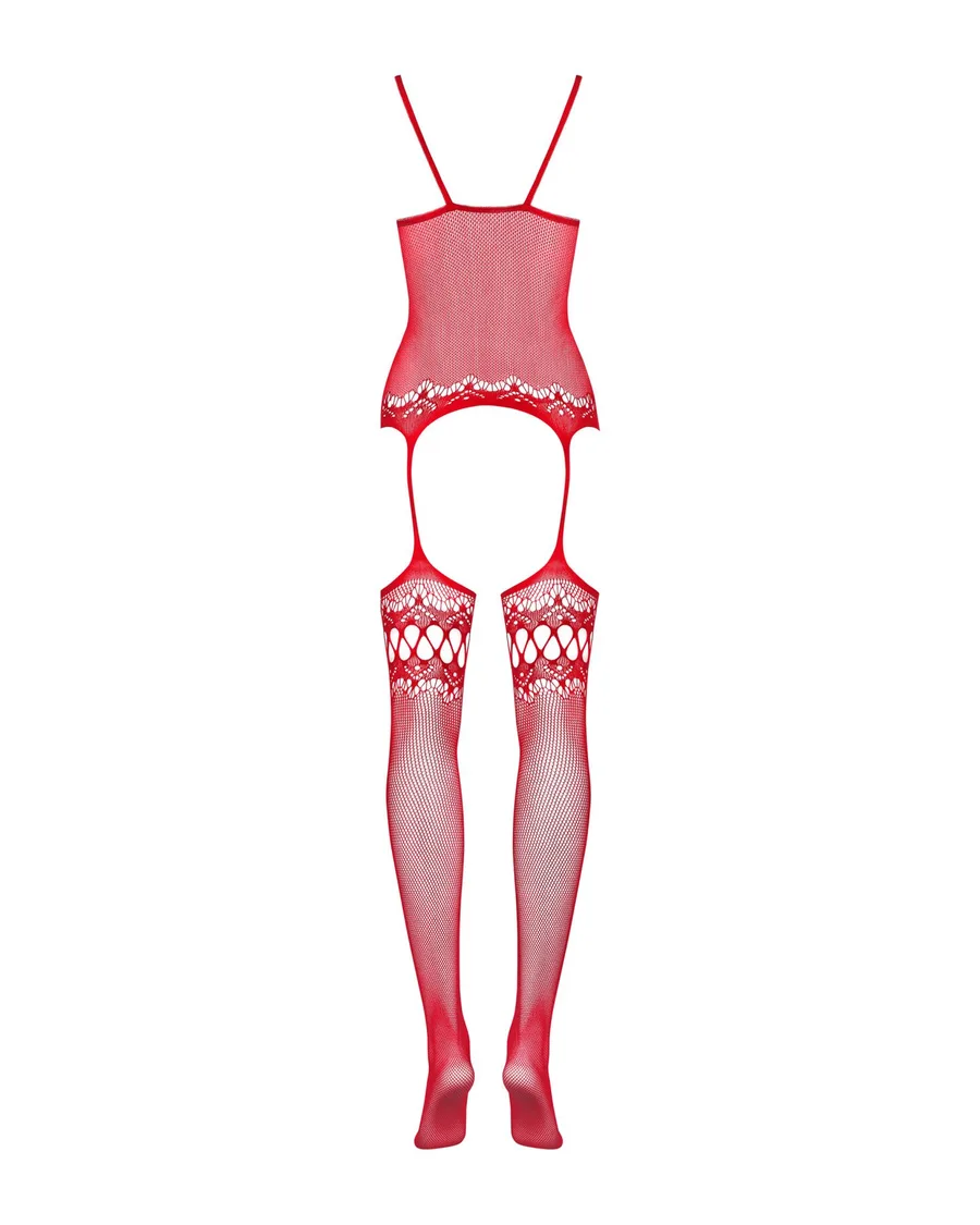 Бодистокинг Obsessive Bodystocking F214 red S/M/L, имитация корсета и чулок на подвязках