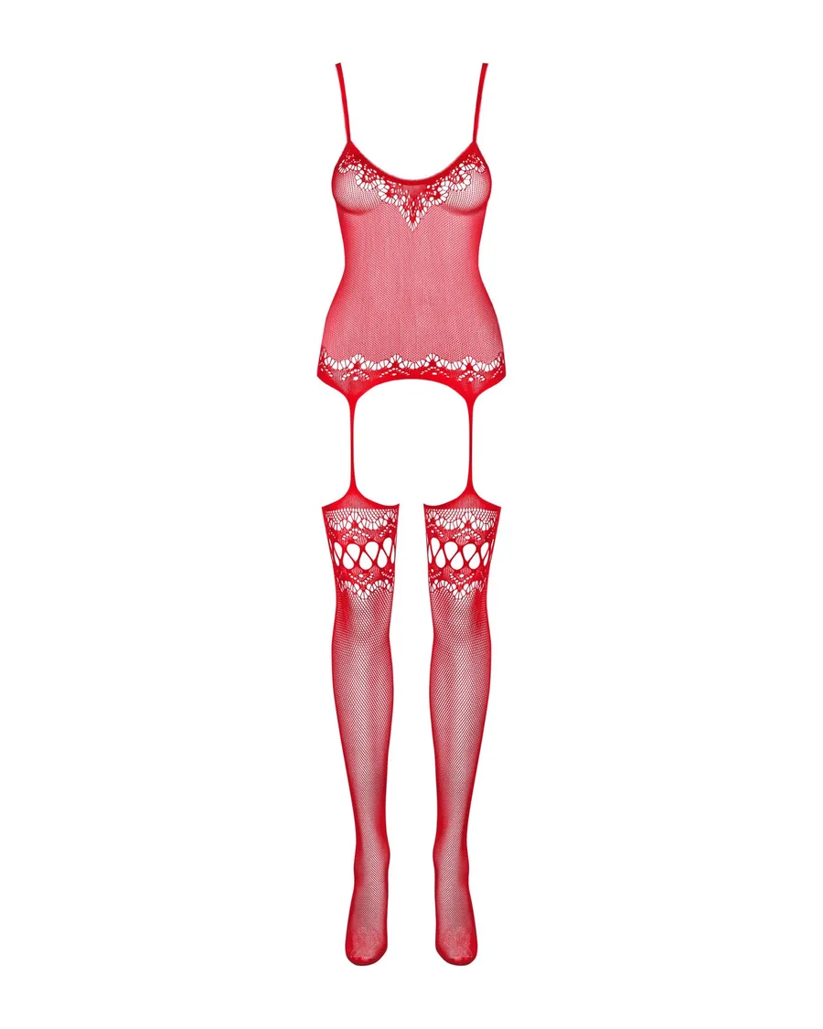 Бодистокинг Obsessive Bodystocking F214 red S/M/L, имитация корсета и чулок на подвязках