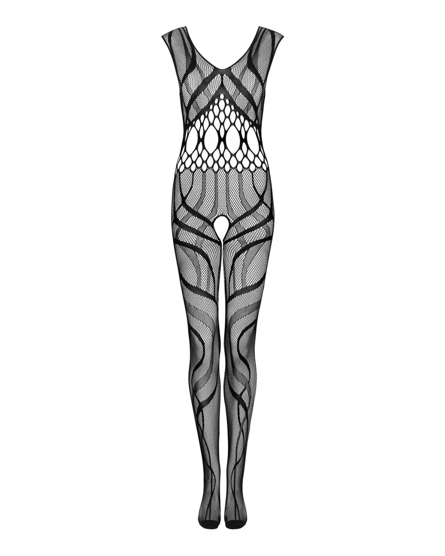 Сітчастий бодістокінг з вирізами та малюнком Obsessive Bodystocking G328 S/M/L, чорний, комбінезон