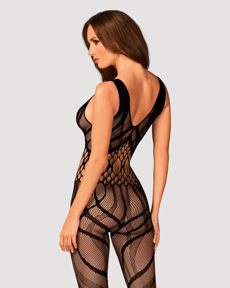Сітчастий бодістокінг з вирізами та малюнком Obsessive Bodystocking G328 S/M/L, чорний, комбінезон