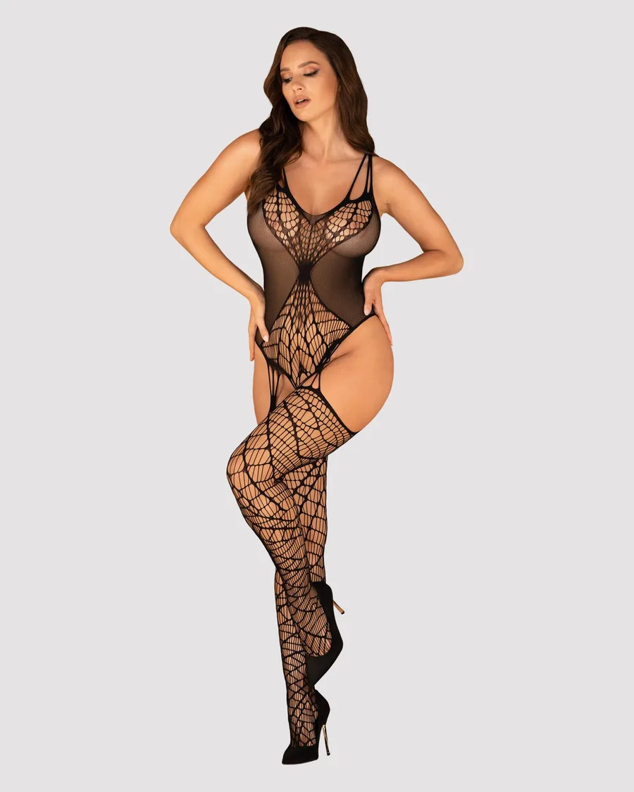 Ажурний бодістокінг під павутину Obsessive Bodystocking G325 black S/M/L, чорний, комбінезон