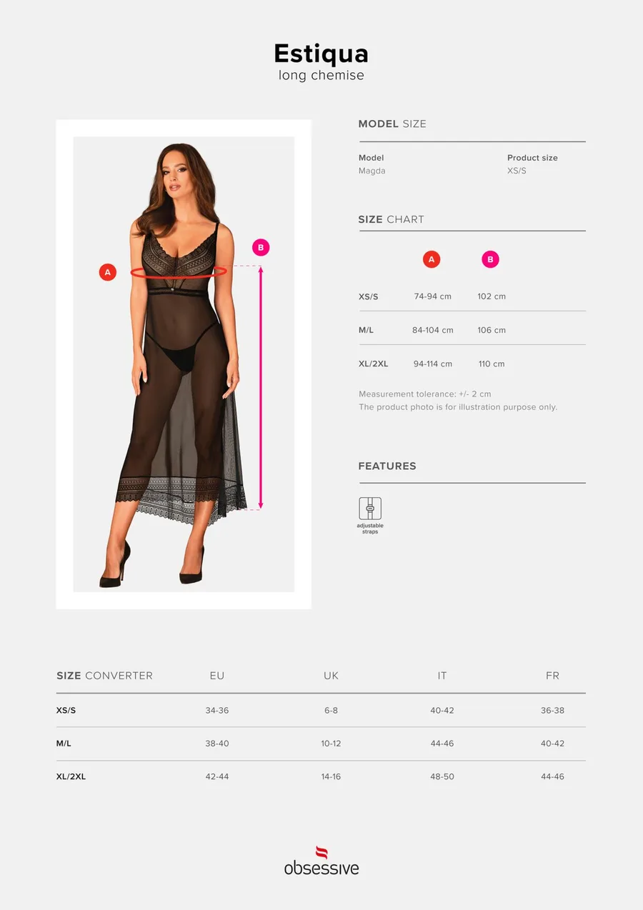 Полупрозрачная длинная сорочка Obsessive Estiqua chemise XL/2XL, черный, ассиметричный крой