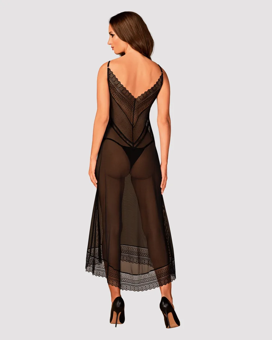 Полупрозрачная длинная сорочка Obsessive Estiqua chemise M/L, черный, ассиметричный крой