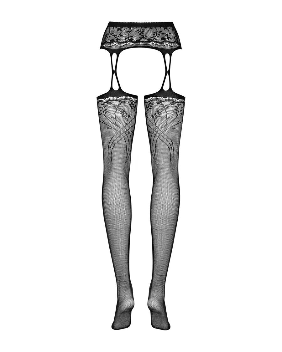 Чулки-стокинги с растительным рисунком Obsessive Garter stockings S206 black S/M/L черные, имитация 