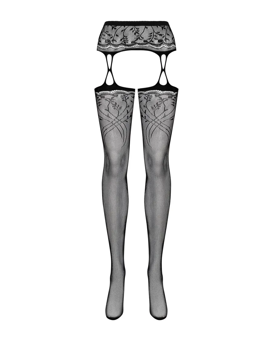 Чулки-стокинги с растительным рисунком Obsessive Garter stockings S206 black S/M/L черные, имитация 
