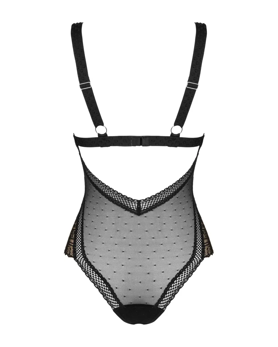 Кружевное боди с декольте Obsessive Estiqua teddy M/L, черное, широкие лямки