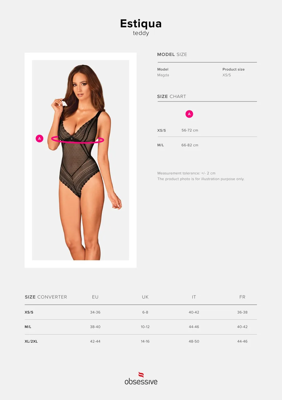 Кружевное боди с декольте Obsessive Estiqua teddy M/L, черное, широкие лямки