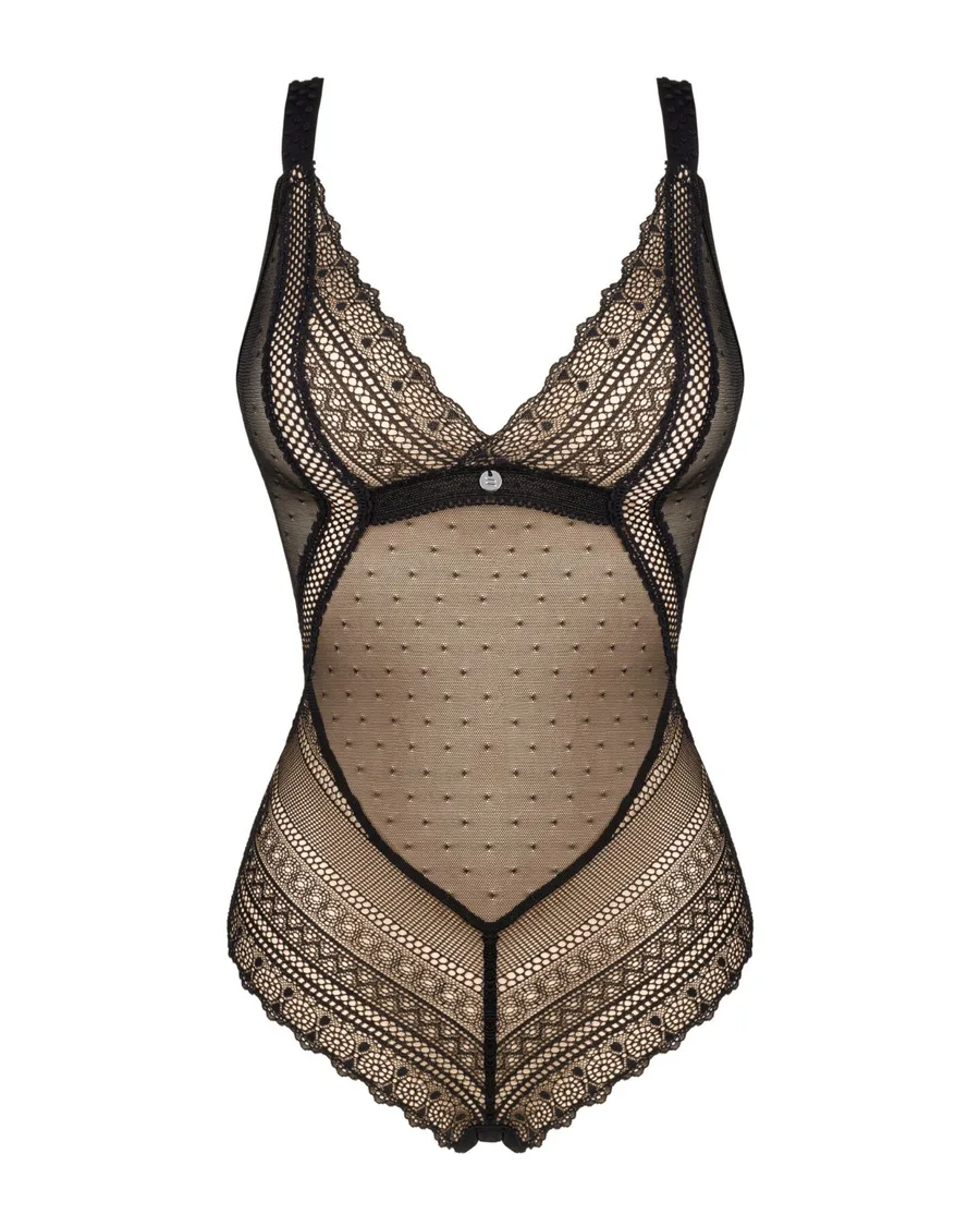 Кружевное боди с декольте Obsessive Estiqua teddy M/L, черное, широкие лямки