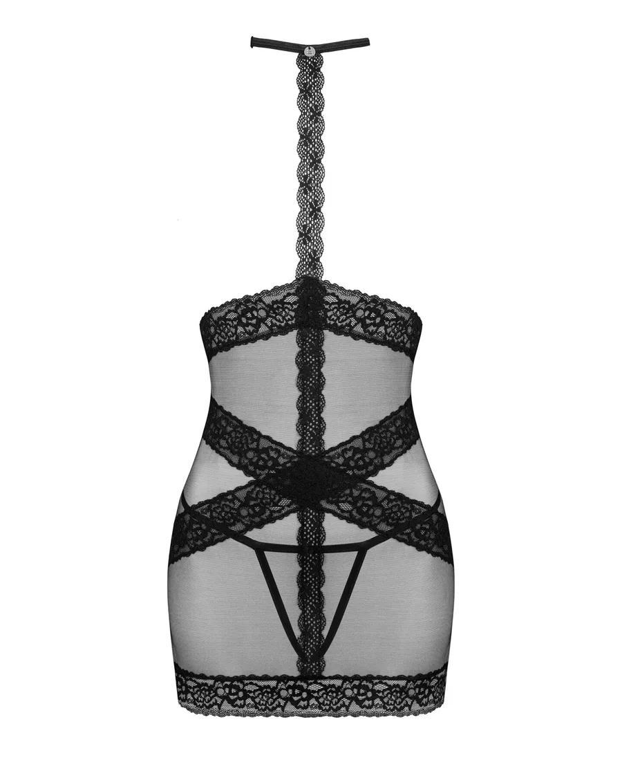 Полупрозрачная сорочка с открытой грудью Obsessive Lacrisia chemise M/L, черная, с чокером
