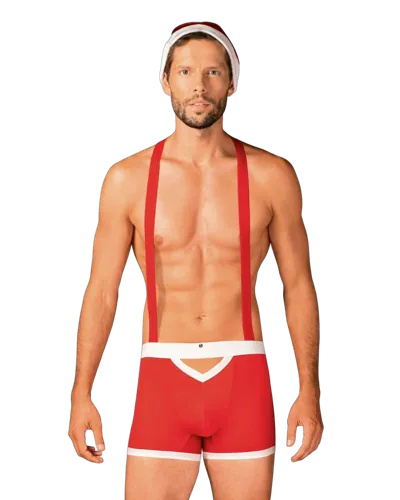 Чоловічий еротичний костюм Санта-Клауса Obsessive Mr Claus S/M, боксери на підтяжках, шапочка з помп