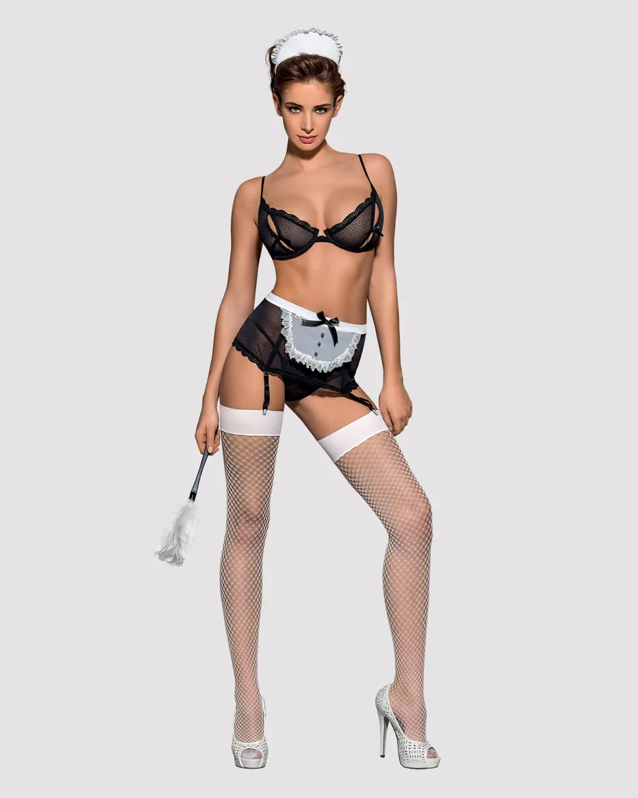 Эротический костюм горничной Obsessive Maidme set 5pcs L/XL, бюстгальтер, пояс с фартуком, чулки, ст