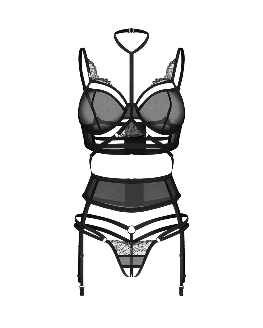 Комплект Obsessive Premisis Black 3-pcs crotchless set L/XL