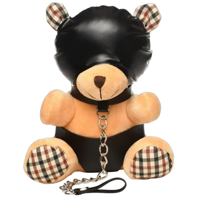 Плюшевий ведмедик HOODED Teddy Bear БДСМ у шкіряному капюшоні з повідцем, 23x16x12 см