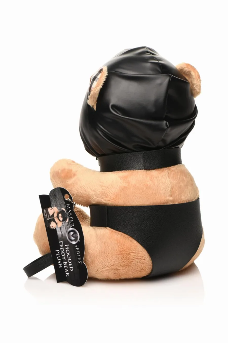 Плюшевый медвежонок HOODED Teddy Bear БДСМ в кожаном капюшоне с поводком, 23x16x12 см