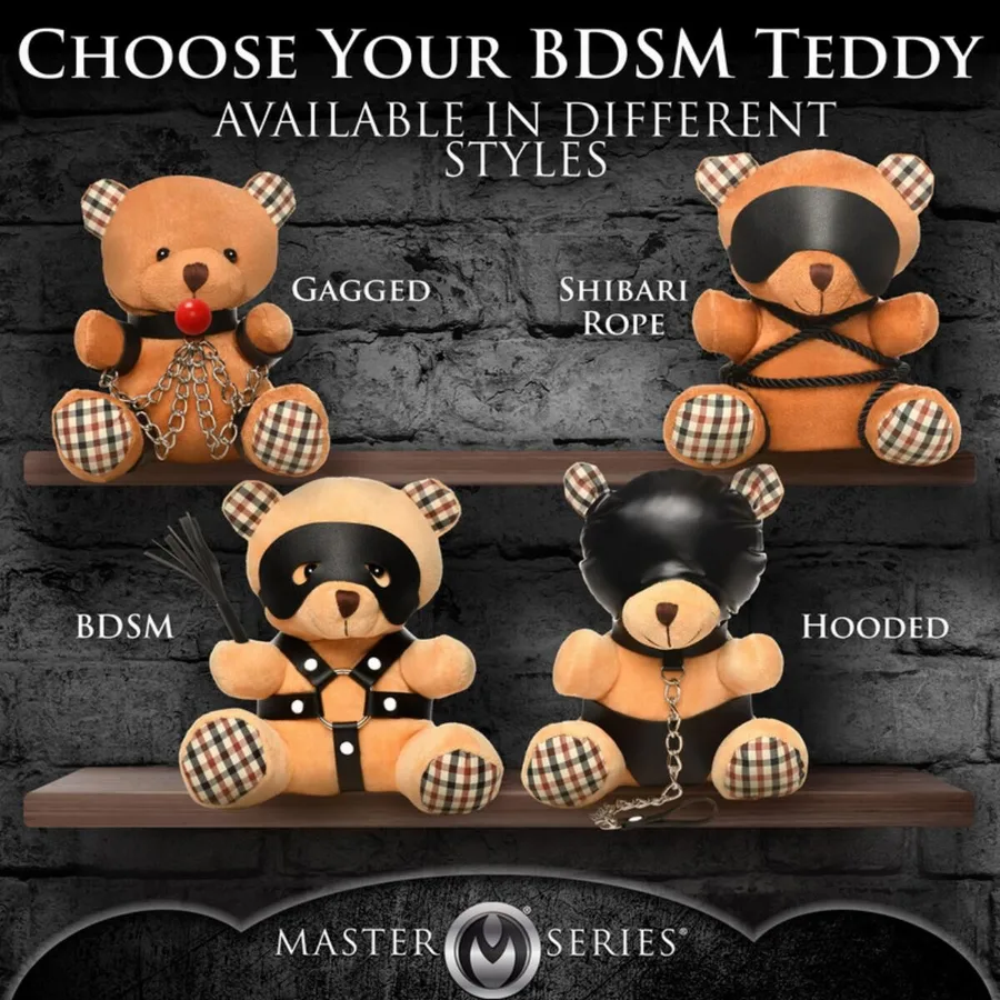 Плюшевый медвежонок HOODED Teddy Bear БДСМ в кожаном капюшоне с поводком, 23x16x12 см