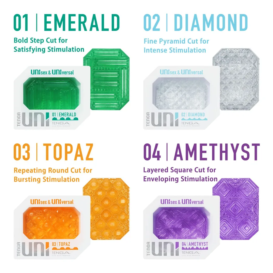 Унісекс-стимулятор Tenga UNI Amethyst, фіолетовий, візерунок у вигляді рельєфних квадратів, лубрикант у комплекті