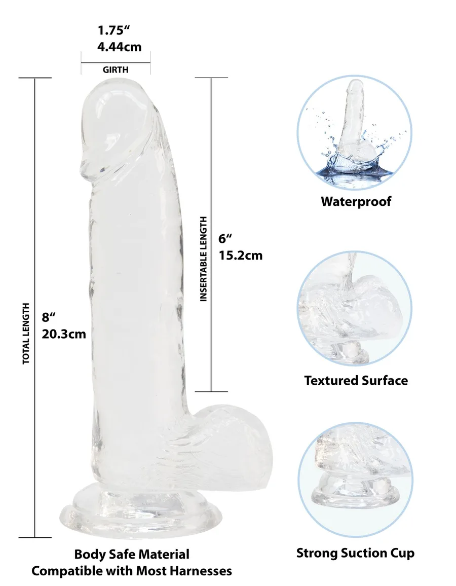 Прозрачный фаллоимитатор на присоске ADDICTION — Clear Dildo with Balls 8″, вибропуля в подарок