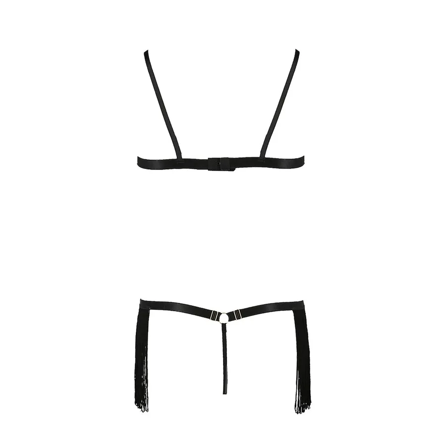 Комплект білизни Passion Exclusive KASSANDRA SET OpenBra L/XL black, ліф з бахроми, трусики-спідниця