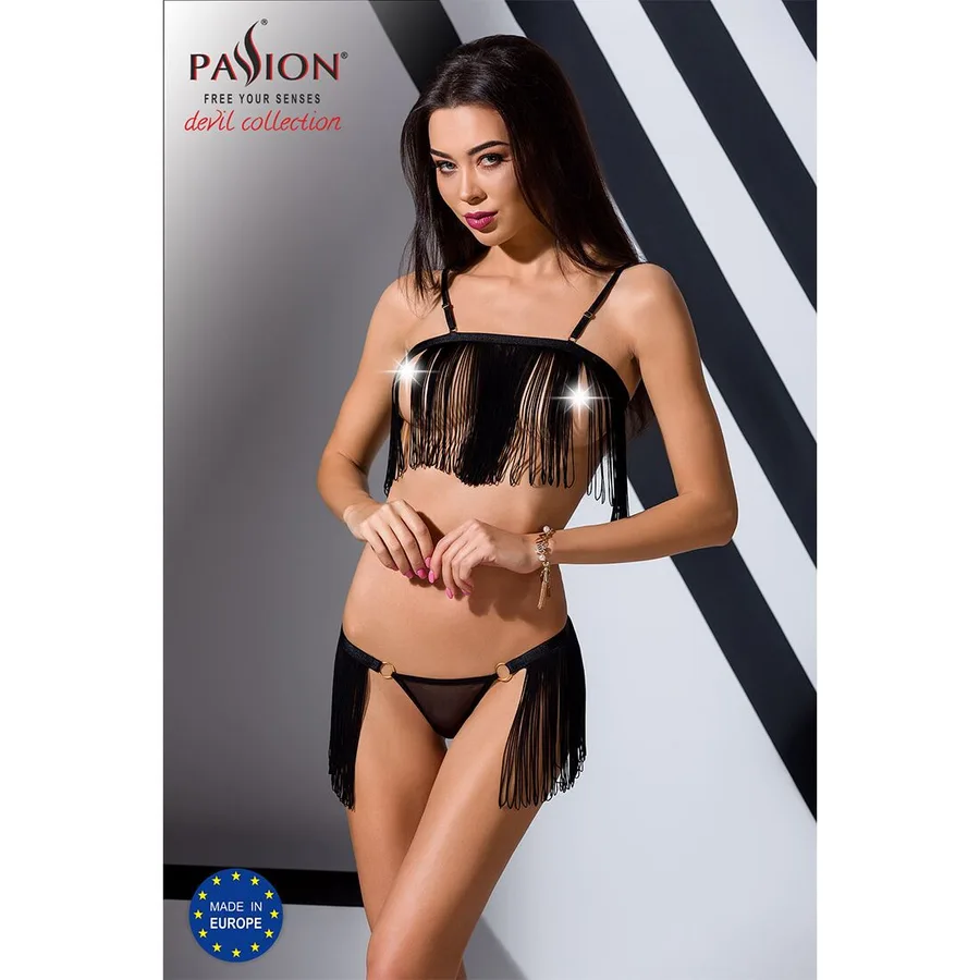 Комплект білизни Passion Exclusive KASSANDRA SET OpenBra L/XL black, ліф з бахроми, трусики-спідниця