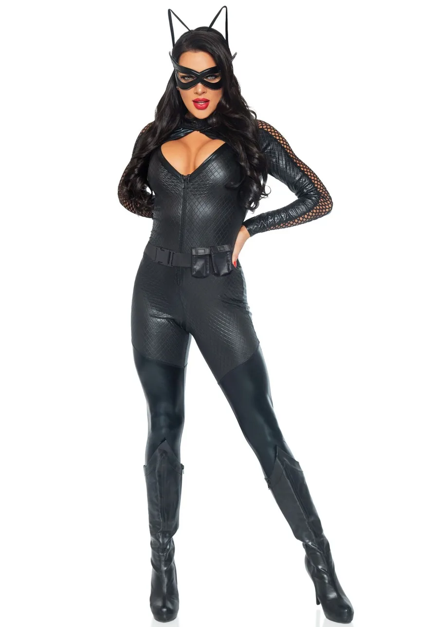 Эротический костюм супергероя-кошечки Leg Avenue Wicked Kitty S, комбинезон, пояс, маска, ушки	