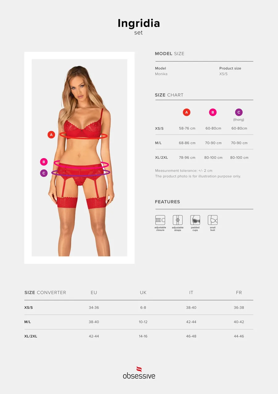 Комплект Obsessive Ingridia 3-pcs set XS/S, красный, бюстгальтер, стринги, пояс