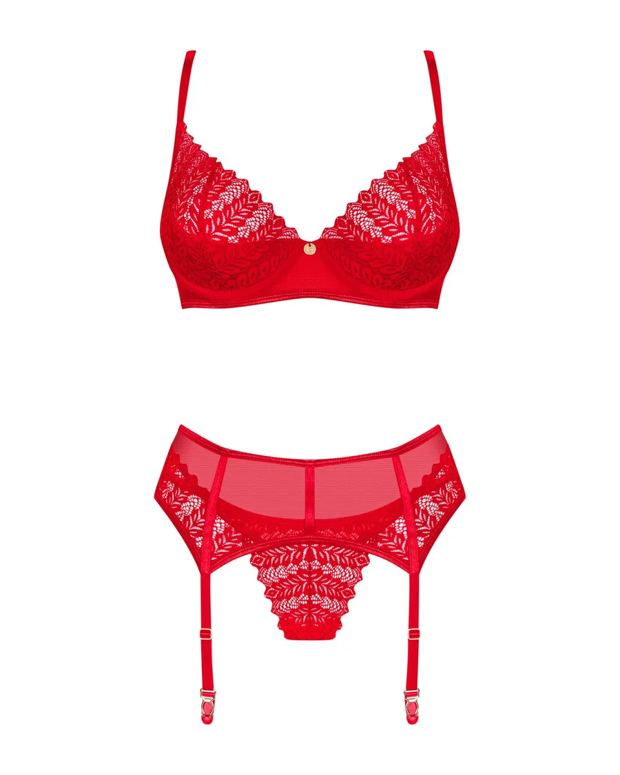 Комплект Obsessive Ingridia 3-pcs set XL/2XL, красный, бюстгальтер, стринги, пояс