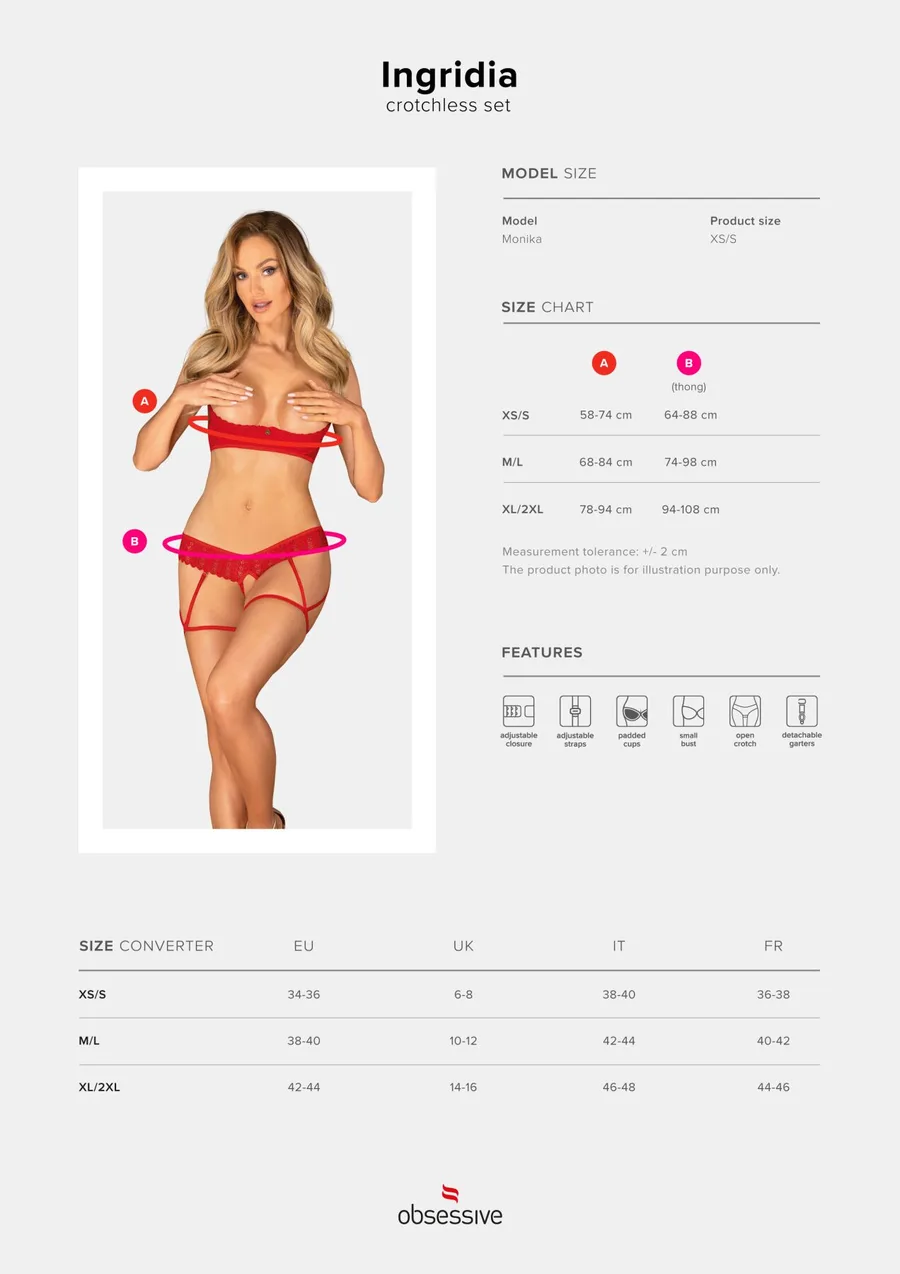 Комплект Obsessive Ingridia 2-pcs crotchless set XL/2XL, красный, с доступом, открытая грудь
