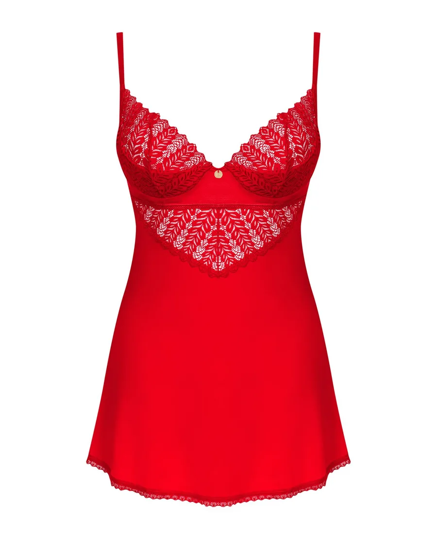 Пеньюар Obsessive Ingridia chemise & thong XL/2XL, червоний, сорочка, стрінги