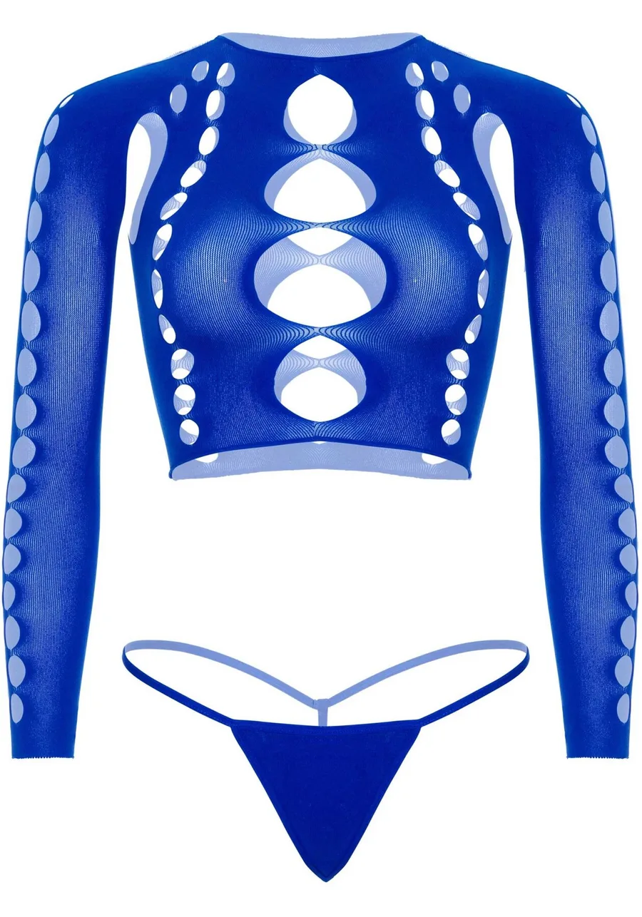 Комплект безшовної білизни Leg Avenue Long sleeve crop top & string Royal Blue One Size, топ, стрінги