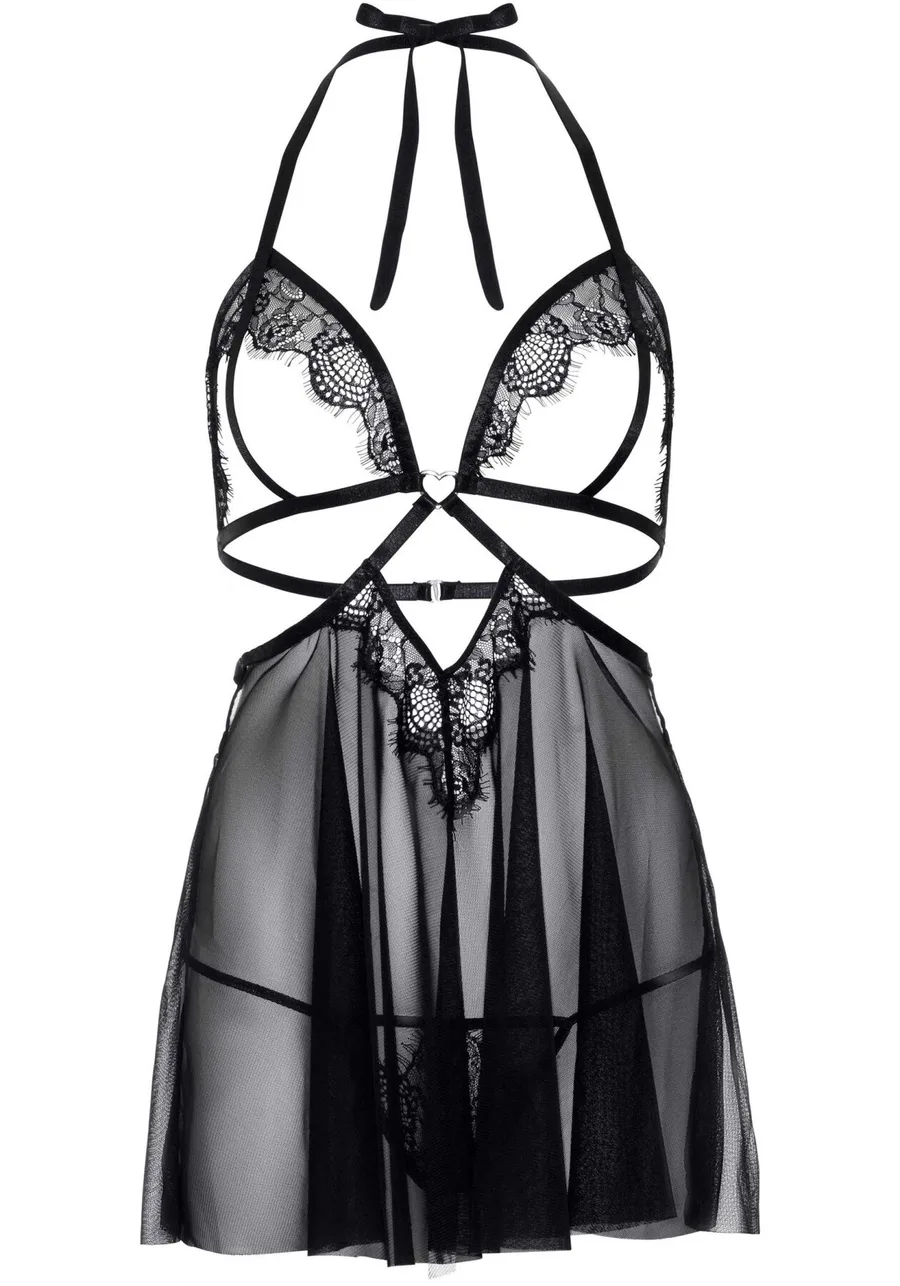 Сорочка беби-долл с открытыми чашками Leg Avenue Lace and mesh babydoll & panty Black L, стринги