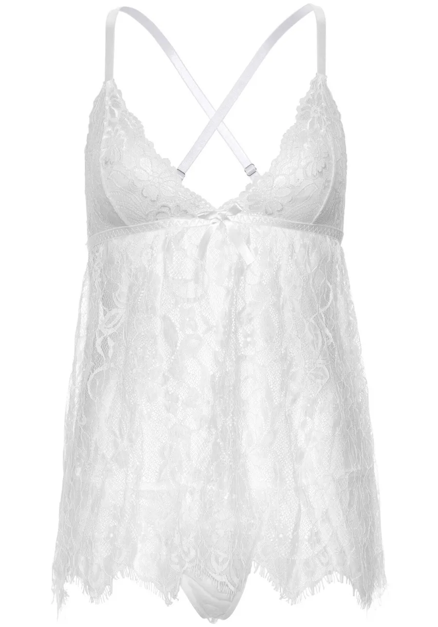 Сорочка беби-долл Leg Avenue Floral lace babydoll & string White M, стринги
